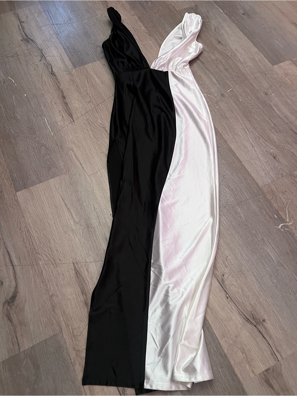 Black and White Satin Colorblock Maxi Dress